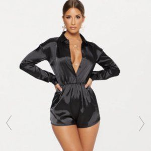 BLACK SATIN SHIRT ROMPER Pretty Little Thing